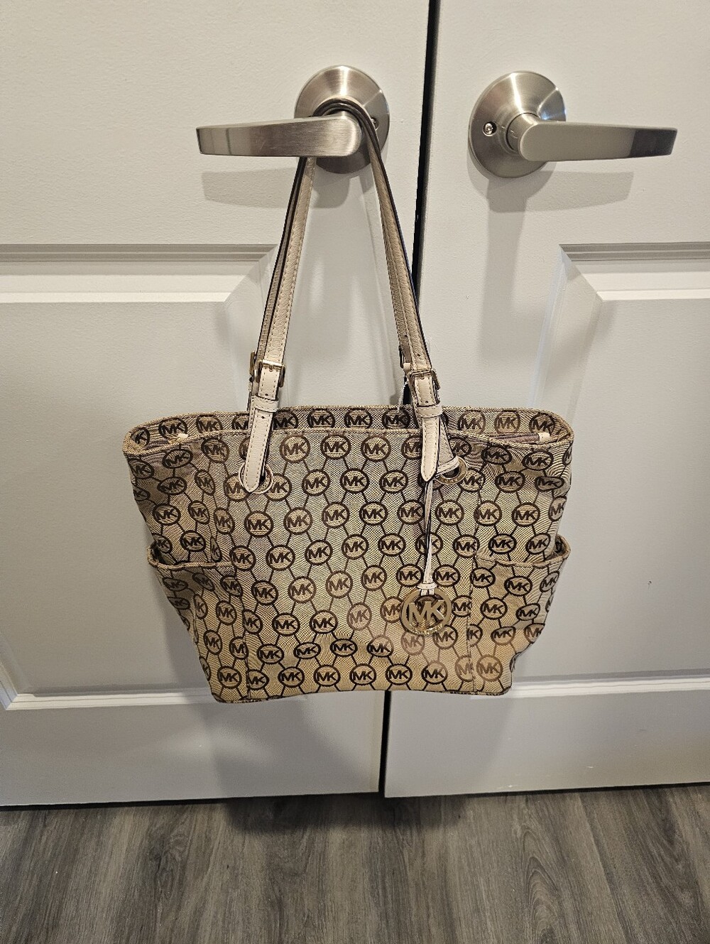 Michael Kors Tan Logo-Print Canvas Tote with Gold Charm